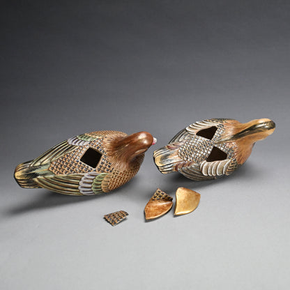 Pair, Ceramic Oshidori Mandarin Duck Koro Incense Burners