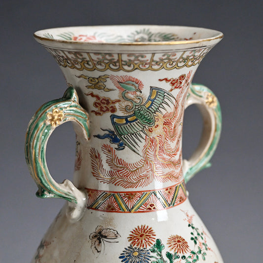 Rare! Meiji p. Vase Set ー三代 清水 六兵衛 "色絵花鳥文花瓶"