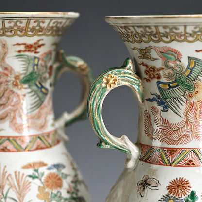 Rare! Meiji p. Vase Set ー三代 清水 六兵衛 "色絵花鳥文花瓶"