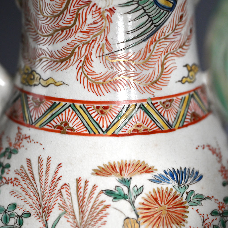 Rare! Meiji p. Vase Set ー三代 清水 六兵衛 "色絵花鳥文花瓶"