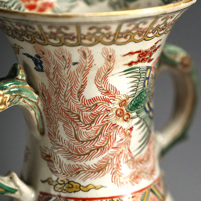 Rare! Meiji p. Vase Set ー三代 清水 六兵衛 "色絵花鳥文花瓶"