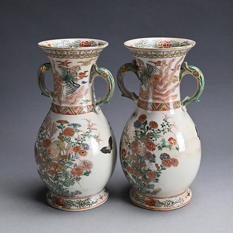 Rare! Meiji p. Vase Set ー三代 清水 六兵衛 "色絵花鳥文花瓶"
