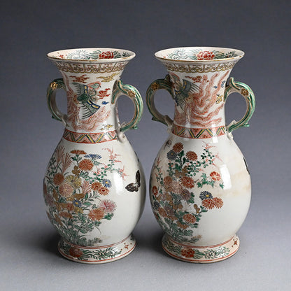 Rare! Meiji p. Vase Set ー三代 清水 六兵衛 "色絵花鳥文花瓶"