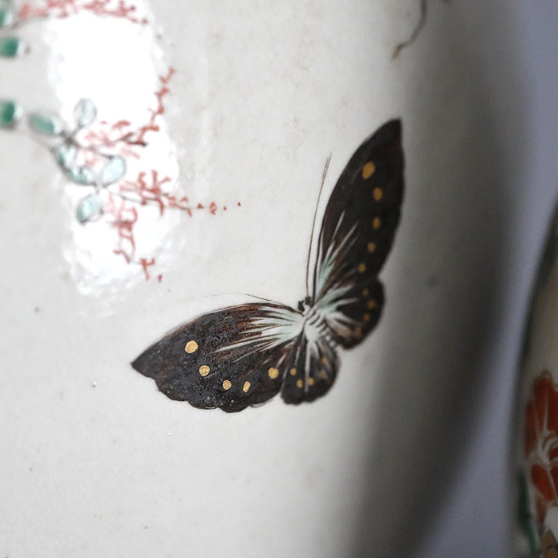 Rare! Meiji p. Vase Set ー三代 清水 六兵衛 "色絵花鳥文花瓶"