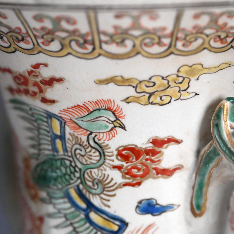 Rare! Meiji p. Vase Set ー三代 清水 六兵衛 "色絵花鳥文花瓶"