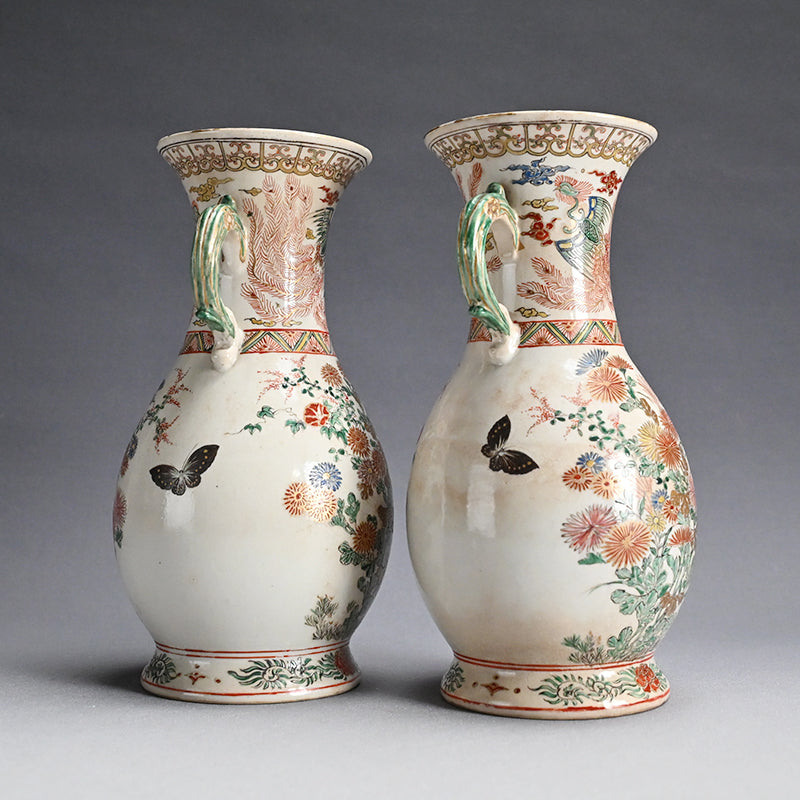 Rare! Meiji p. Vase Set ー三代 清水 六兵衛 "色絵花鳥文花瓶"
