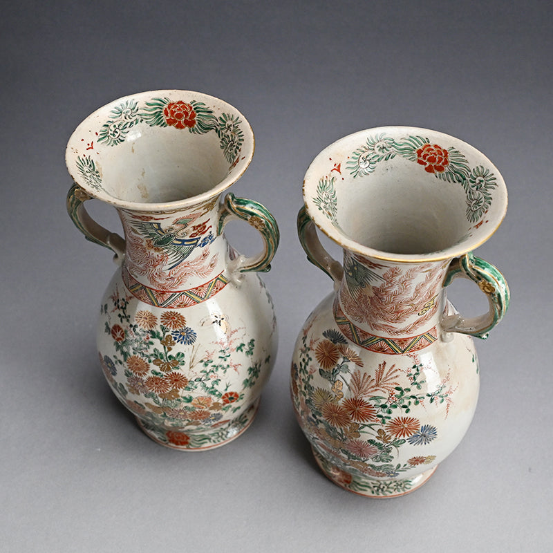Rare! Meiji p. Vase Set ー三代 清水 六兵衛 "色絵花鳥文花瓶"