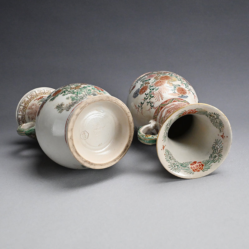 Rare! Meiji p. Vase Set ー三代 清水 六兵衛 "色絵花鳥文花瓶"