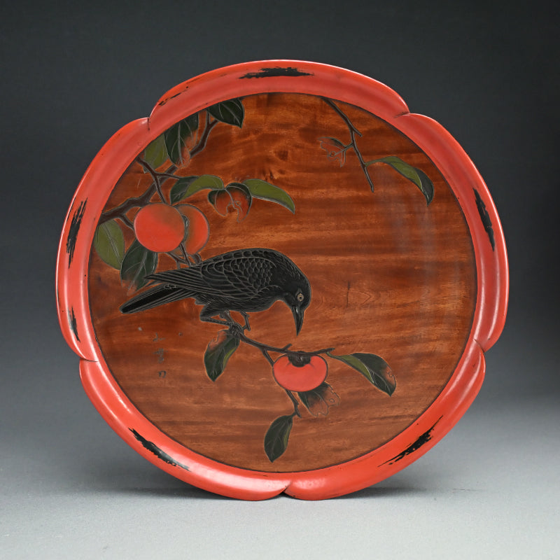 Sanuki-bori Lacquer Tray, Crow & Persimmon by Myosetsu