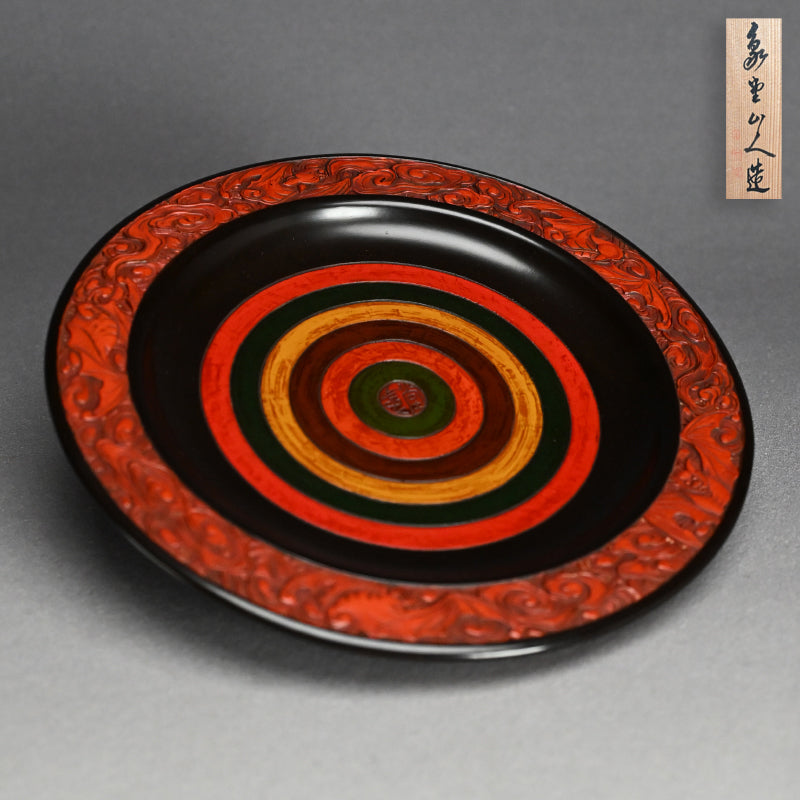 Carved Antique Sanuki-bori Sweets-dish ー森 象堂 "讃岐彫 菓子器 福自天来画 蝙蝠図"
