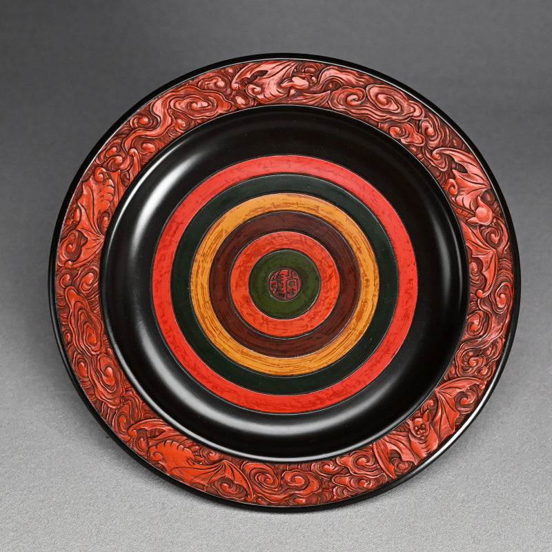 Carved Antique Sanuki-bori Sweets-dish ー森 象堂 "讃岐彫 菓子器 福自天来画 蝙蝠図"