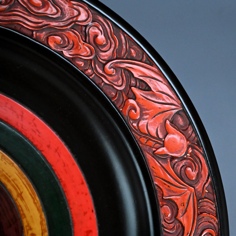 Carved Antique Sanuki-bori Sweets-dish ー森 象堂 "讃岐彫 菓子器 福自天来画 蝙蝠図"