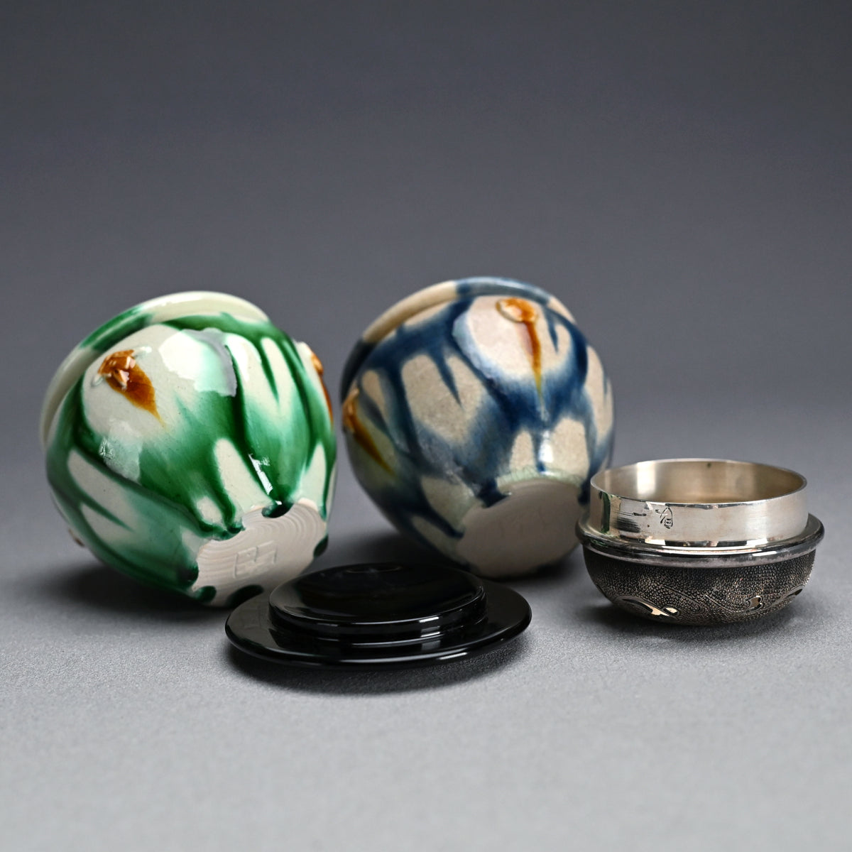 LNT Tri-Colored Pr. Tsubo, Koro, incense burner ー加藤 卓男 “正倉院復元 三彩壺「海彦山彦」"