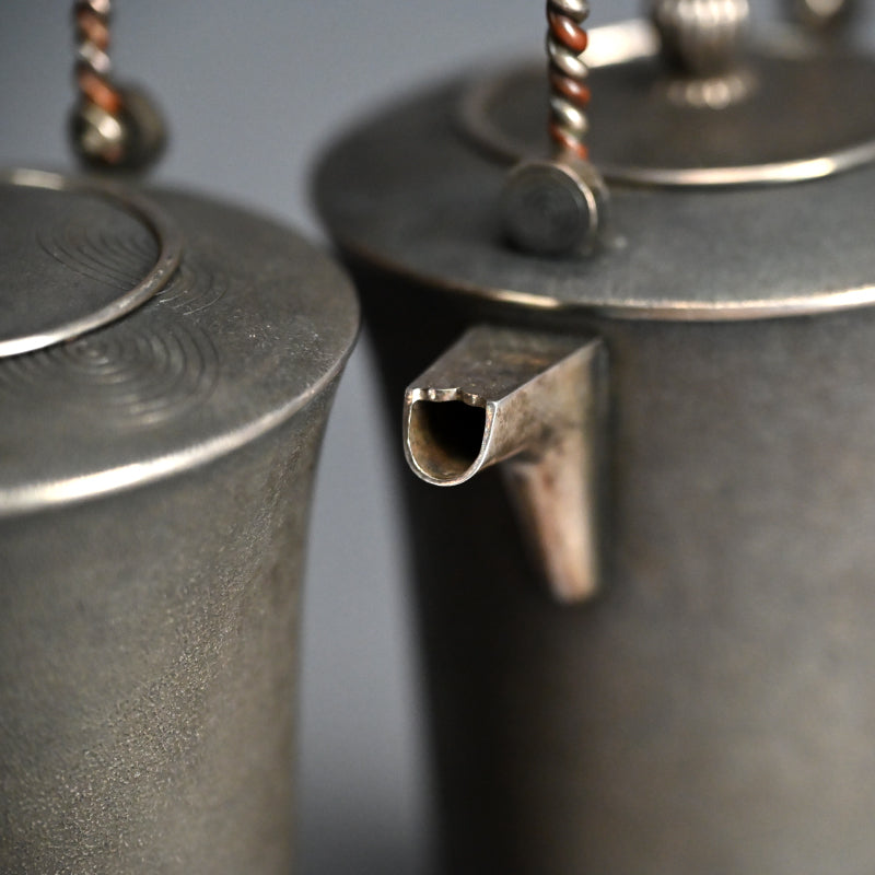 Pair Antique Silver Choshi Sake Servers ー柿畠 甚次郎 “銀梨地 銚子”