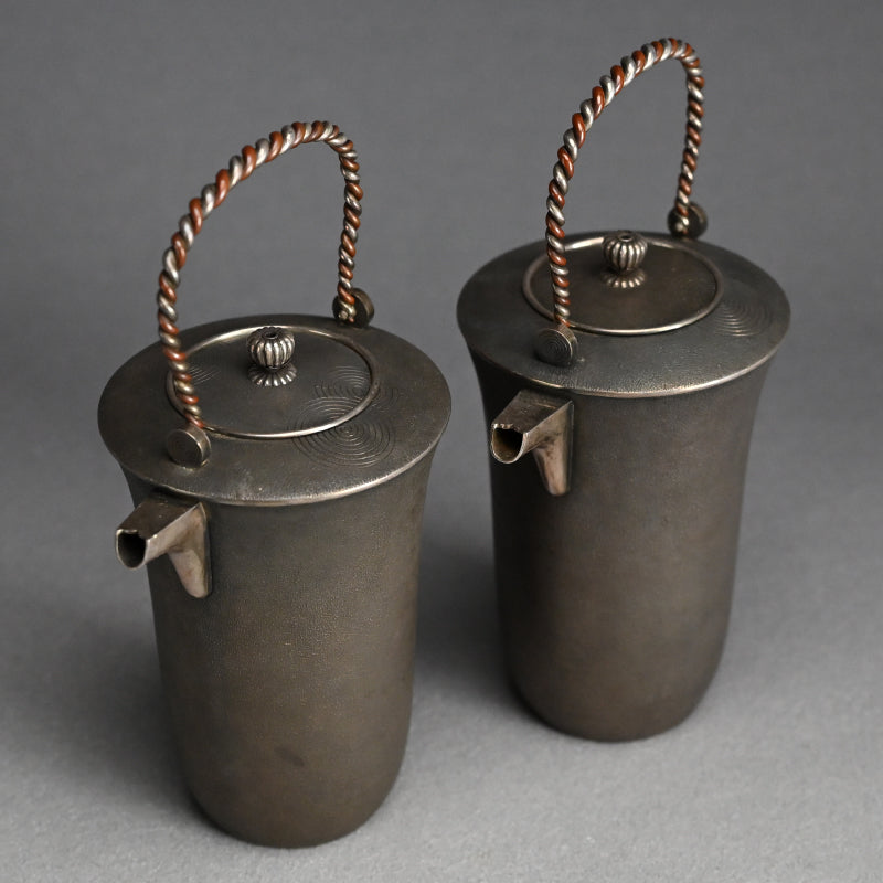 Pair Antique Silver Choshi Sake Servers ー柿畠 甚次郎 “銀梨地 銚子”