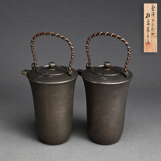 Pair Antique Silver Choshi Sake Servers ー柿畠 甚次郎 “銀梨地 銚子”