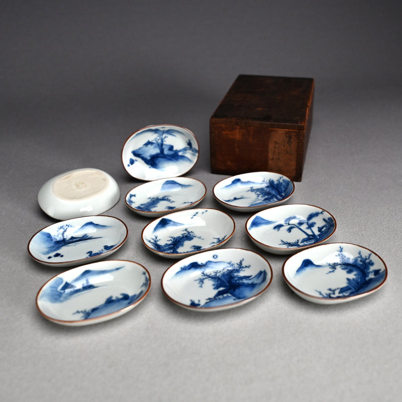 Imperial Artist Set 10 Porcelain Sushi plates ー三代 清風 与平 “青華 小皿”