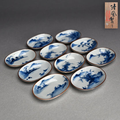 Imperial Artist Set 10 Porcelain Sushi plates ー三代 清風 与平 “青華 小皿”