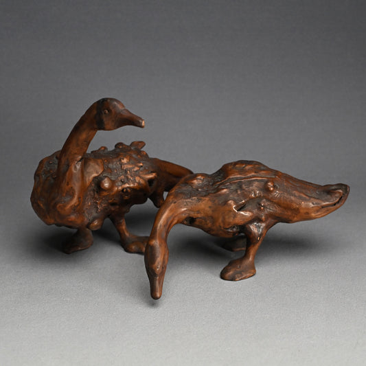 Pair Antique Japanese Root-wood Scholar Art Sculptures, Geese