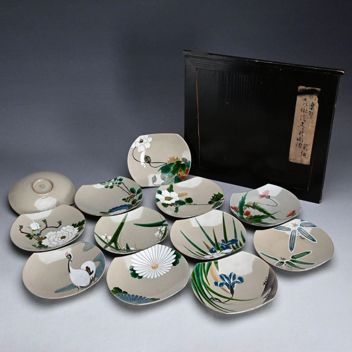 Unique Boxed Set 12 Meiji period Mukozuke Plates ー永楽 善五郎 "掛繪 十二ヶ月 向付"