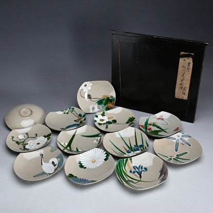 Unique Boxed Set 12 Meiji period Mukozuke Plates ー永楽 善五郎 "掛繪 十二ヶ月 向付"