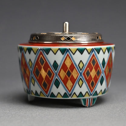 Rare Koro Censer w/ LNT Tomimoto Kenkichi ー北出 不二雄 “赤繪 金銀彩菱文様 香炉”, 倣 富本 憲吉