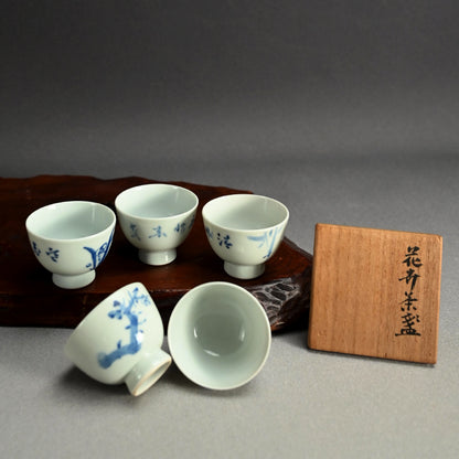 Set of 5 Sencha Tea Cups Decorated ー福田 古道人, 平安陶工 山崎 “花升茶盞”