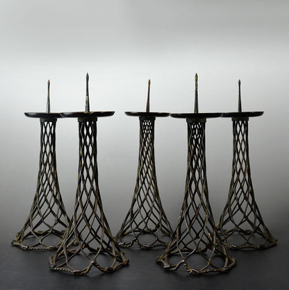 Set of 5 Antique Japanese Metal Candlesticks