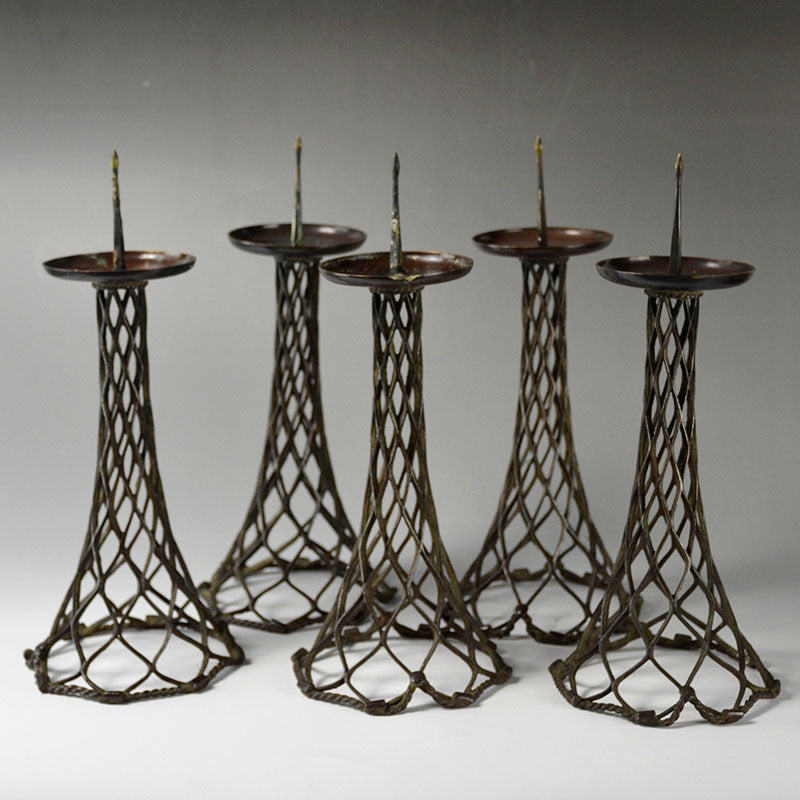 Set of 5 Antique Japanese Metal Candlesticks