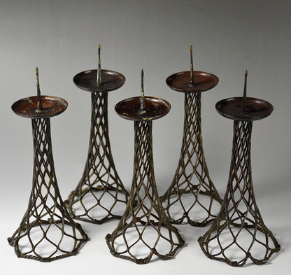 Set of 5 Antique Japanese Metal Candlesticks