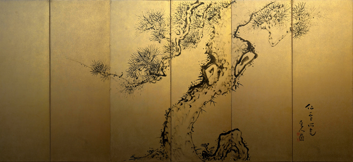 6 panel Screen Pair, Immortal Pine ー福田 古道人 "六曲一双 老松"
