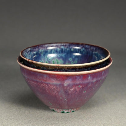 2 Kujaku-yu Peacock Glazed Tenmoku Chawan Tea Bowls ー松山 雅英 "孔雀天目"