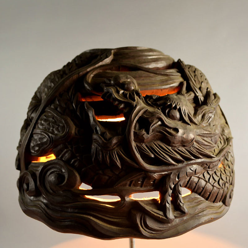 Meiji p. Japanese Carved Wood Vying-Dragon Lamp Shade