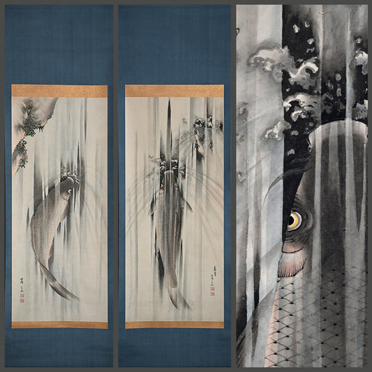Edo p. Koi Nobori Leaping Carp Pair of Kishi School Scrolls ー“鯉瀧登二幅"