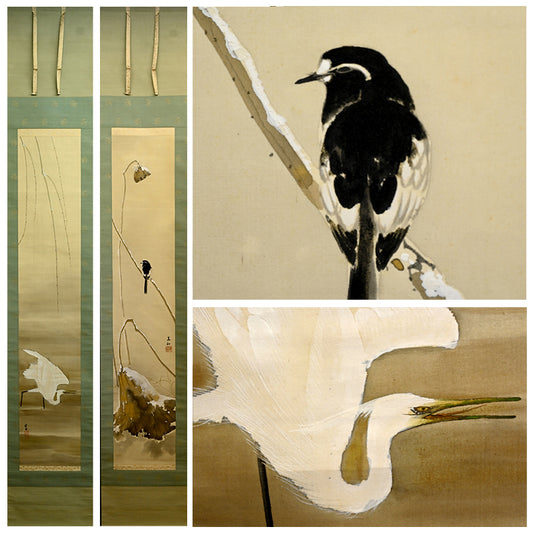 Taisho Birds in Snow Scroll Pair ー菊池 華秋, 大谷 尊由 “寒汀”