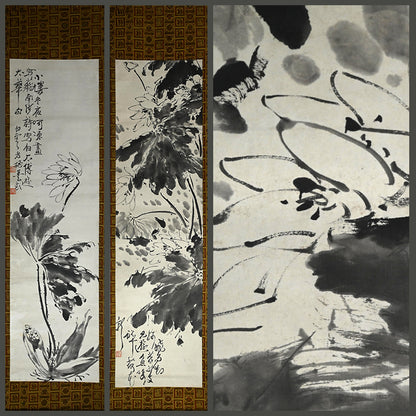 Antique Pair of Japanese Sumi-e Ink Lotus Scrolls, Hakuun ー白雲 “蓮之図”