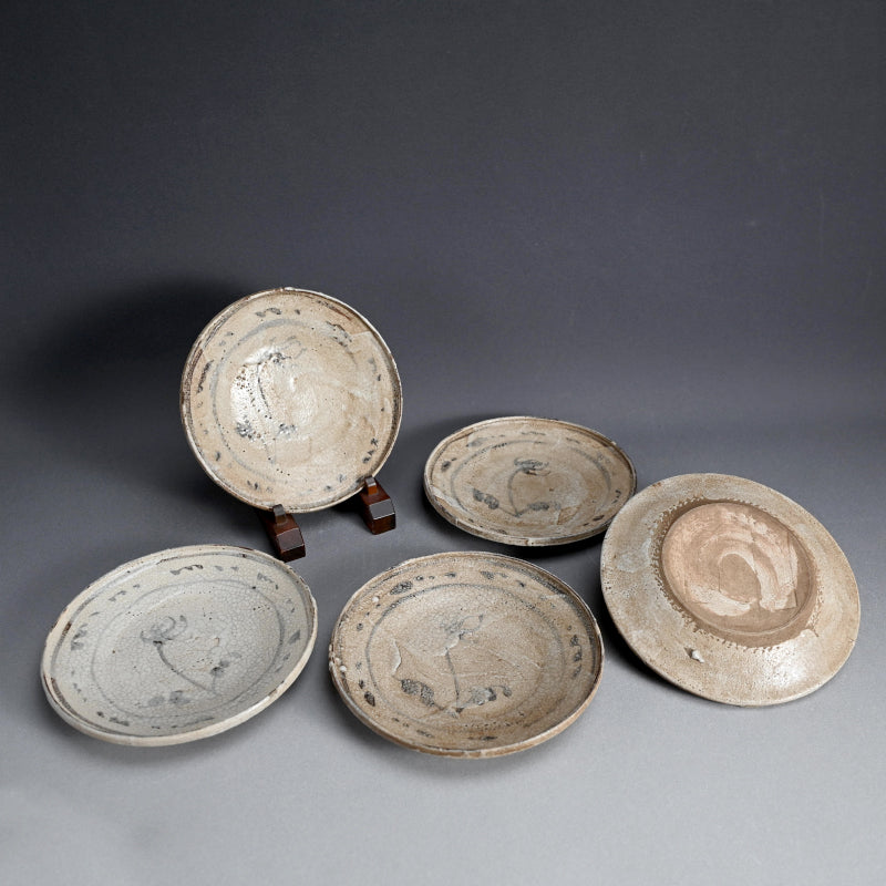 Antique Japanese Boxed Set 5 Shino Plates ー志野草花絵皿