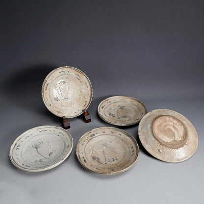 Antique Japanese Boxed Set 5 Shino Plates ー志野草花絵皿