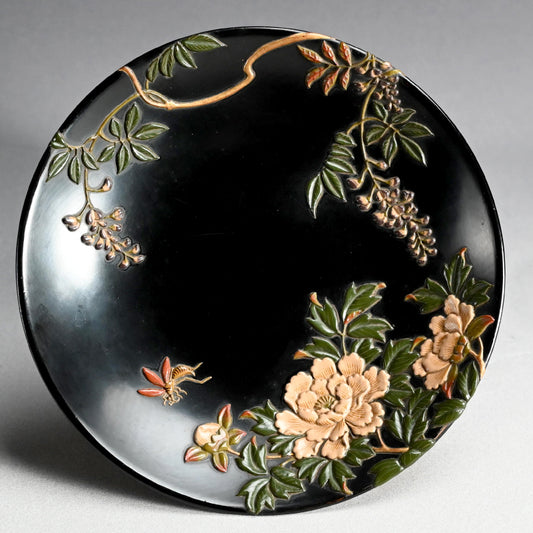 Antique Japanese Takamorie Lacquer Plate, Wysteria, by Kosai ー廣斎