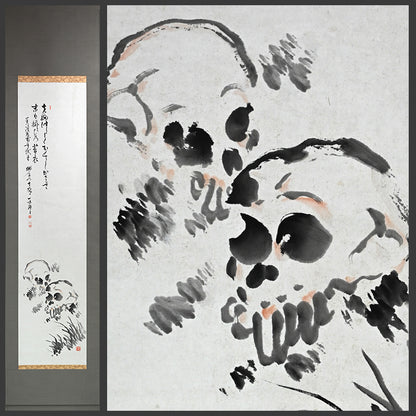 Meiji period Scroll, Skulls among the weeds ー獅子門 一味庵